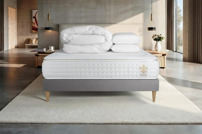 Pack lit complet 140x200 cm - Matelas + Sommier Gris (en kit) + 2 oreillers + Couette - Vingt-Quatre PLUS