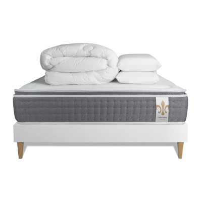 Pack lit complet 200x200 cm - Matelas + Sommier Blanc (en kit) + 2 oreillers + Couette - Vingt-Six PLUS