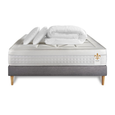 Pack lit complet 140x200 cm - Matelas + Sommier Gris + 2 oreillers + Couette - Vingt-Huit