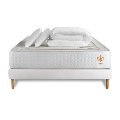 Pack lit complet 160x200 cm - Matelas + Sommier Blanc (en kit) + 2 oreillers + Couette - Vingt-Quatre