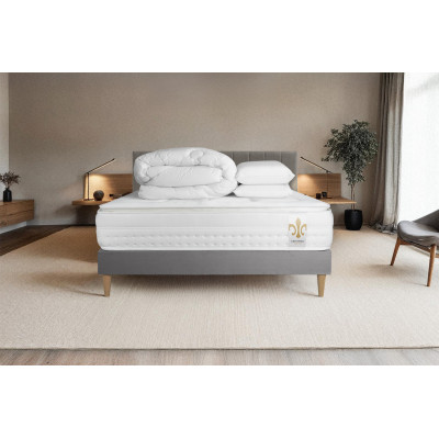 Pack lit complet 180x200 cm - Matelas + Sommier Gris (en kit) + 2 oreillers + Couette - Vingt-Huit PLUS