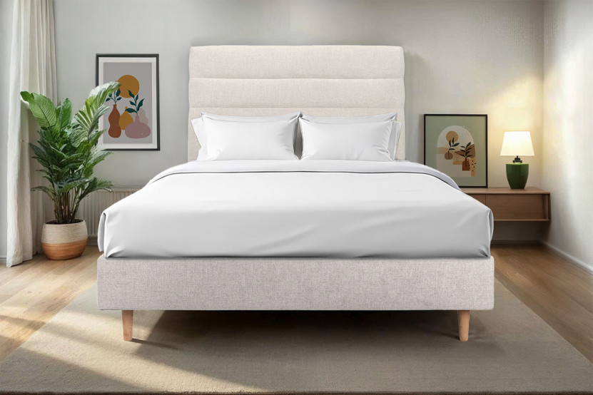 Tête de lit 135 cm Lignes - Tissu Toile Natté Beige Clair