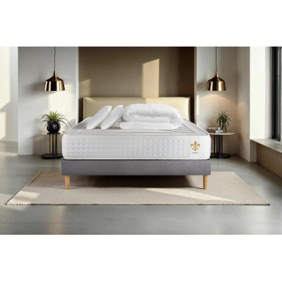 Pack lit complet 140x200 cm - Matelas + Sommier Gris (en kit) + 2 oreillers + Couette - Vingt-Quatre