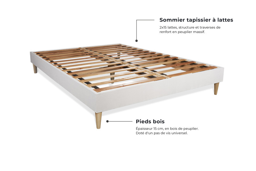 Pack lit complet 140x200 cm - Matelas + Sommier Blanc (en kit) + 2 oreillers + Couette - Vingt-Quatre