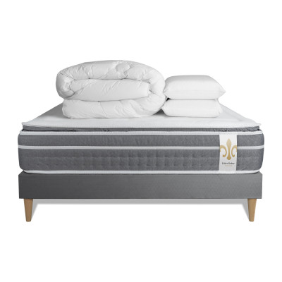 Pack lit complet 140x190 cm - Matelas + Sommier Gris + 2 oreillers + Couette - Trente PLUS
