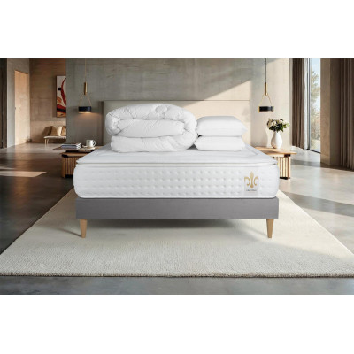 Pack lit complet 200x200 cm - Matelas + Sommier Gris (en kit) + 2 oreillers + Couette - Vingt-Quatre PLUS