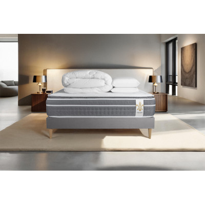 Pack lit complet 200x200 cm - Matelas + Sommier Gris (en kit) + 2 oreillers + Couette - Trente PLUS