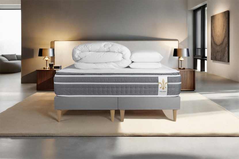 Pack lit complet 200x200 cm - Matelas + 2 Sommiers Gris + 2 oreillers + Couette - Trente PLUS
