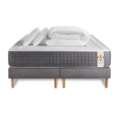 Pack lit complet 160x200 cm - Matelas + 2 Sommiers Gris + 2 oreillers + Couette - Vingt-Six