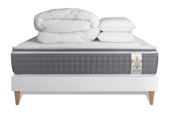 Pack lit complet 140x190 cm - Matelas + Sommier Blanc + 2 oreillers + Couette - Vingt-Six PLUS