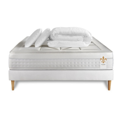 Pack lit complet 160x200 cm - Matelas + Sommier Blanc + 2 oreillers + Couette - Vingt-Huit