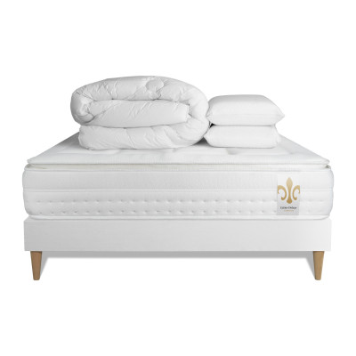 Pack lit complet 160x200 cm - Matelas + Sommier Blanc (en kit) + 2 oreillers + Couette - Vingt-Huit PLUS