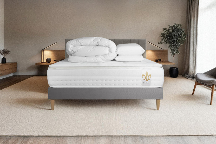 Pack lit complet 140x190 cm - Matelas + Sommier Gris + 2 oreillers + Couette - Vingt-Huit PLUS
