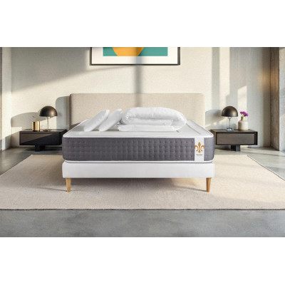 Pack lit complet 140x200 cm - Matelas + Sommier Blanc (en kit) + 2 oreillers + Couette - Vingt-Six