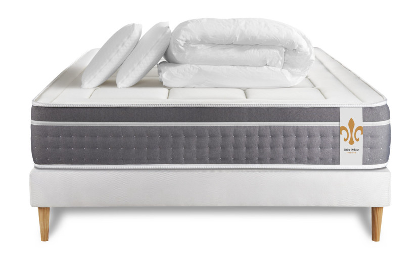 Pack lit complet 140x200 cm - Matelas + Sommier Blanc + 2 oreillers + Couette - Trente