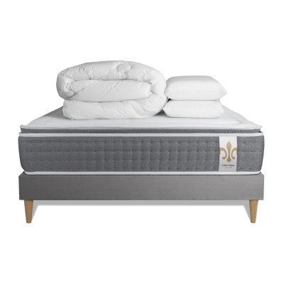 Pack lit complet 200x200 cm - Matelas + Sommier Gris (en kit) + 2 oreillers + Couette - Vingt-Six PLUS