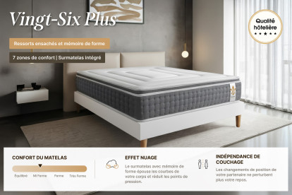 Pack lit complet 140x190 cm - Matelas + Sommier Blanc (en kit) + 2 oreillers + Couette - Vingt-Six PLUS