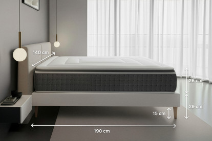 Pack lit complet 140x190 cm - Matelas + Sommier Gris (en kit) + 2 oreillers + Couette - Vingt-Six PLUS