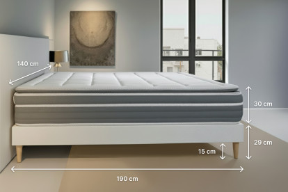Pack lit complet 140x190 cm - Matelas + Sommier Gris (en kit) + 2 oreillers + Couette - Trente PLUS