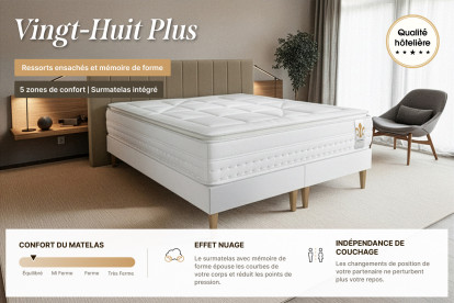 Matelas 200x200 cm Ressorts ensachés et Mémoire de forme - Vingt-Huit PLUS