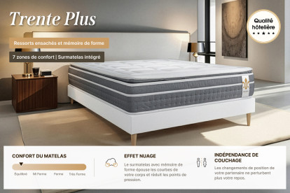 Pack lit complet 140x190 cm - Matelas + Sommier Gris + 2 oreillers + Couette - Trente PLUS