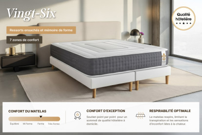 Pack lit complet 160x200 cm - Matelas + Sommier Gris + 2 oreillers + Couette - Vingt-Six