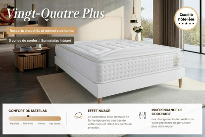 Ensemble Matelas Sommier 140x190 cm - Sommier Gris (déjà monté) - Vingt-Quatre PLUS